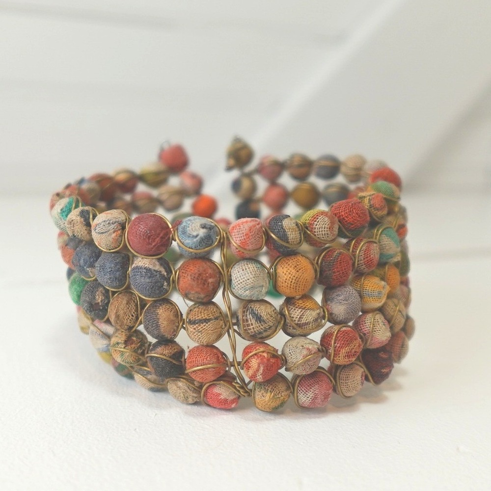Vintage Colorful Multi-Strand Wrap Bracelet Upcycled Kantha Textile Beads Boho